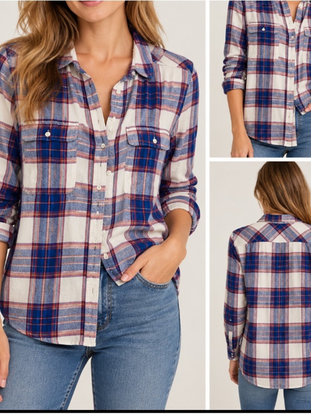 PAIGE Blue and Cream Plaid Button-Down Shirt